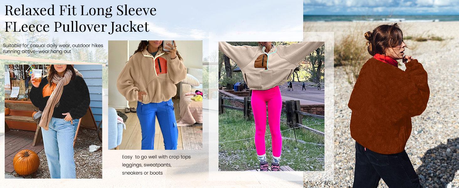 Naeduo Women’s Lightweight  Fleece Pullover Jacket Cropped Fall Winter Fuzzy Sherpa Jacket Sweatshirt Coat with Pockets for Hyrox