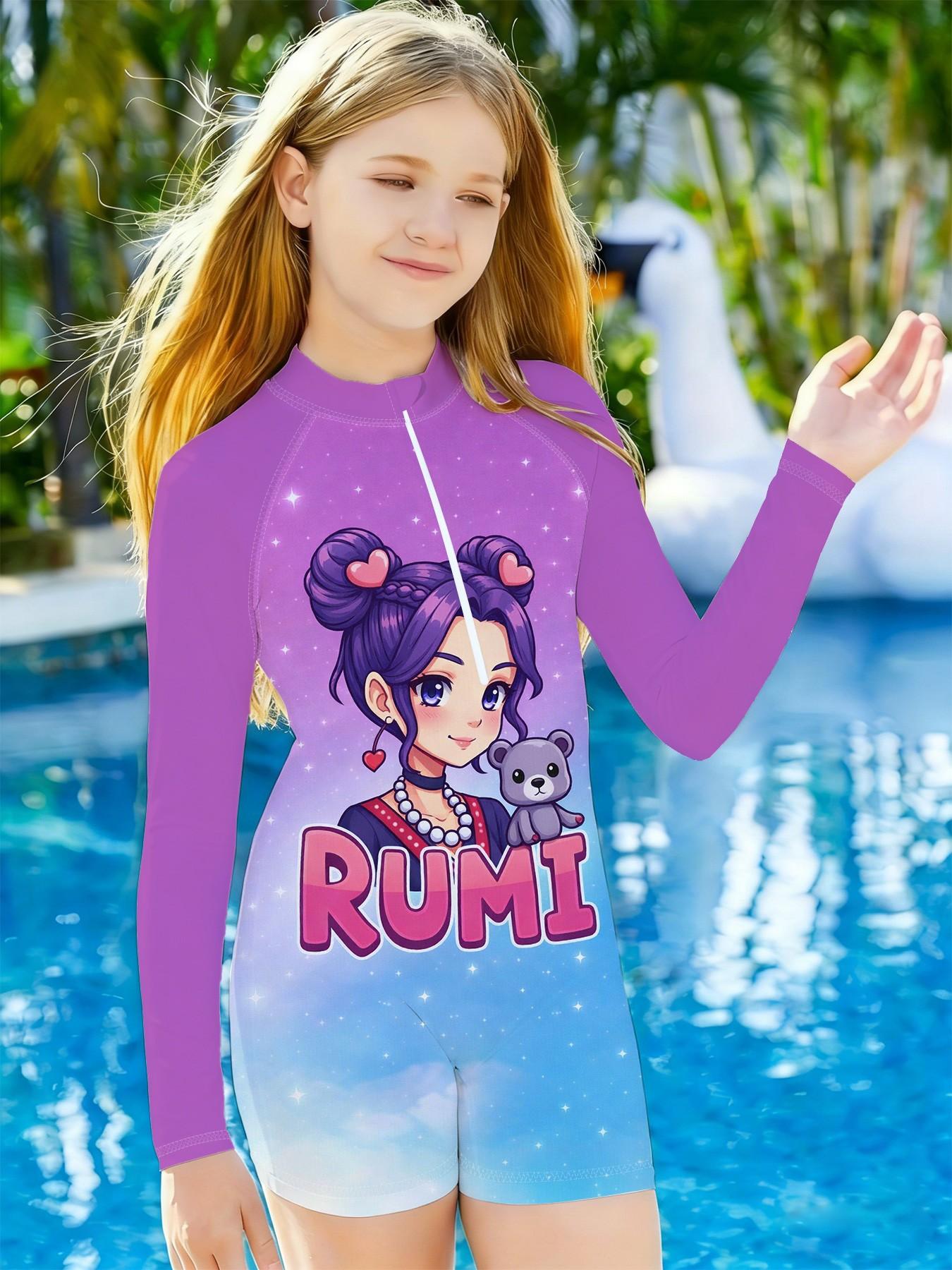 Girls' K-Pop Rumi Cute Twin Buns Long Sleeve Swimsuit, Blue Gradient ...