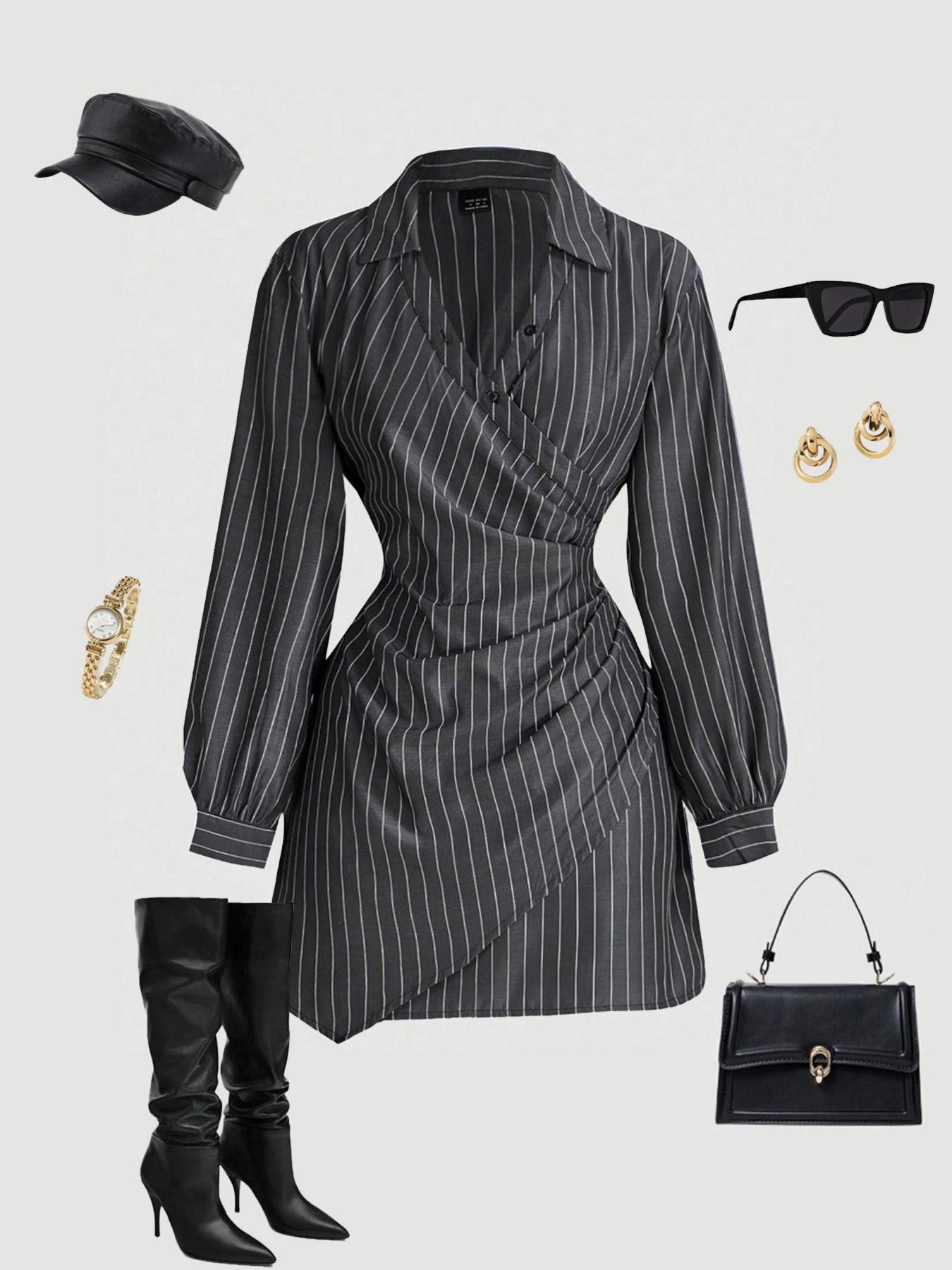 Women's Plaid Print V-Neck Lantern Sleeve Ruched Fitted Mini Dress, Suitable For Work, School, Casual Wear, Fall Clothes For Women,Shirt Dress,Brown Plaid,Office Outfit,Long Sleeves,Fitted Waist Stripe Print Dress，Irregular dress, Striped