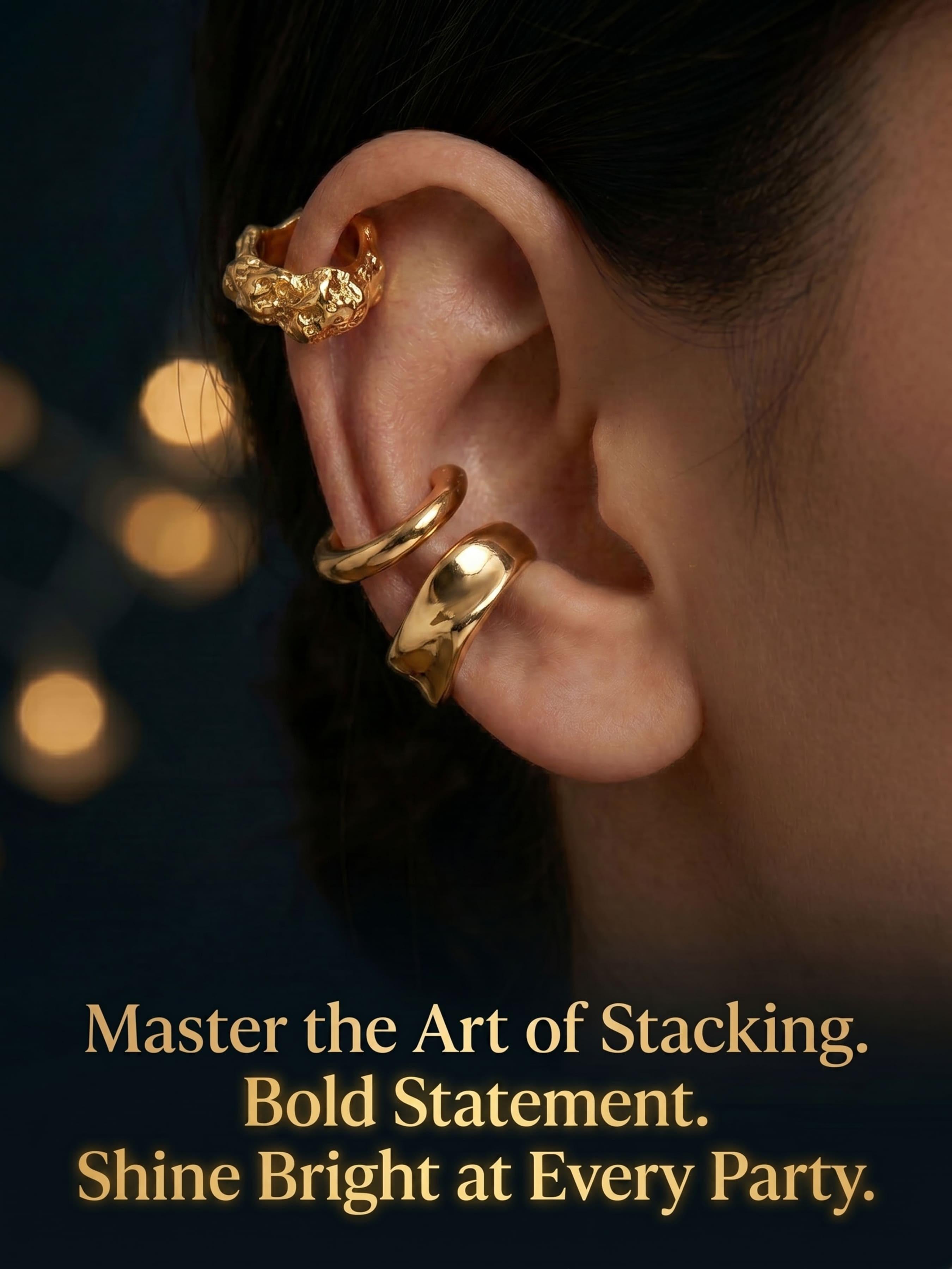 Minimalist Textured 3-Piece Ear Cuff Set | No Piercing Needed | Instantly Build Layered Ear Stack, Effortless Stacking Must-Have