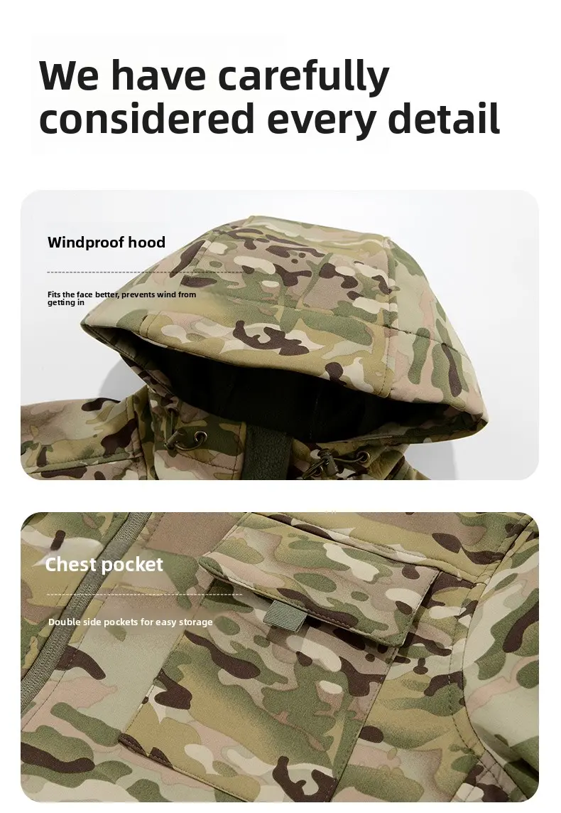 Men's Waterproof Fleece Hooded Jacket Mock Neck, Fitted, 9 Multi Compartment Pockets, Long Sleeves, Operator Style Camo Navy Workwear for Outdoor Motocross