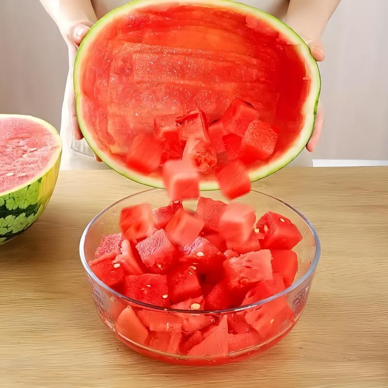2-in-1 Stainless Steel Fruit Cutter 4-Piece Set - 2025 Upgrade Watermelon Slicer & Fork, Multi-Purpose Kitchen Utensils for Melons, Fruits - Includes Candy Plastic Spoon (Durable & Dishwasher Safe)