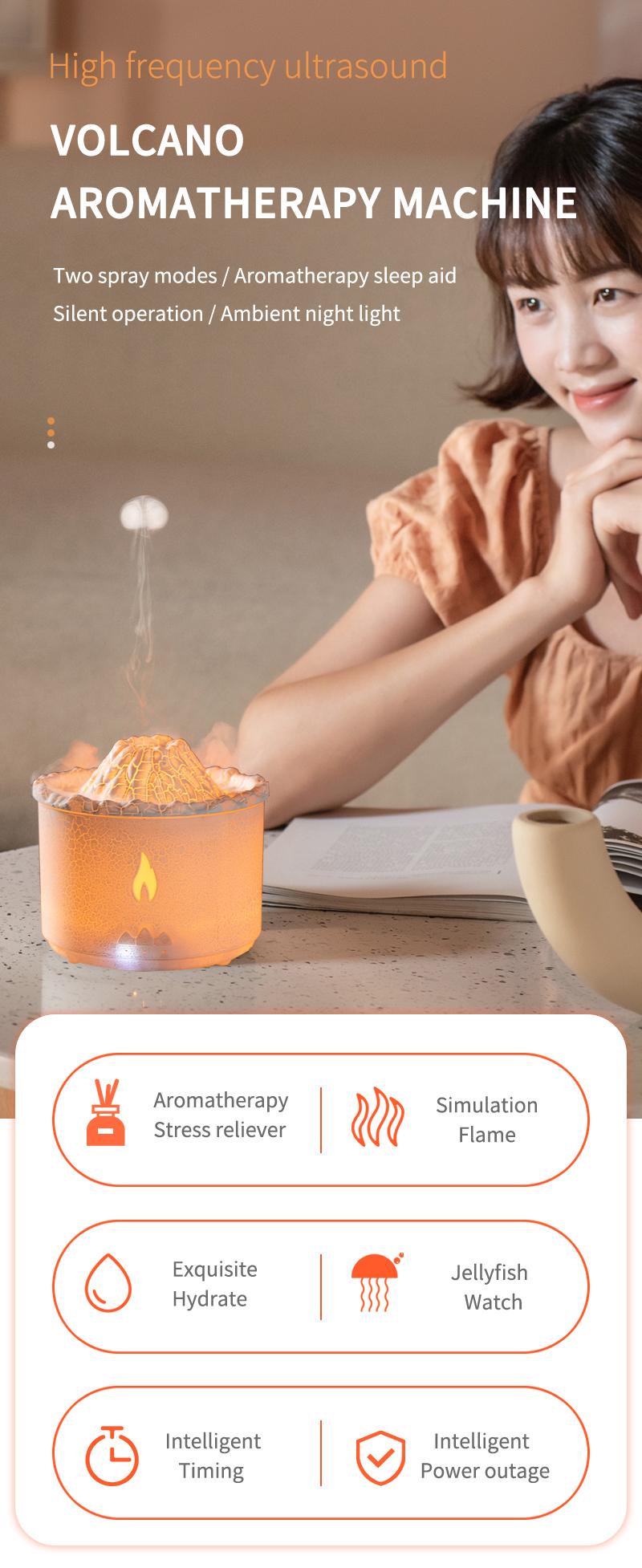 Remote Control Aromatherapy Diffuser Volcano Aromatherapy Machine Desktop Essential Oil Diffuser with Flame Home Night Light Ornament Wireless Remote Control Humidifier Aroma Jellyfish Design