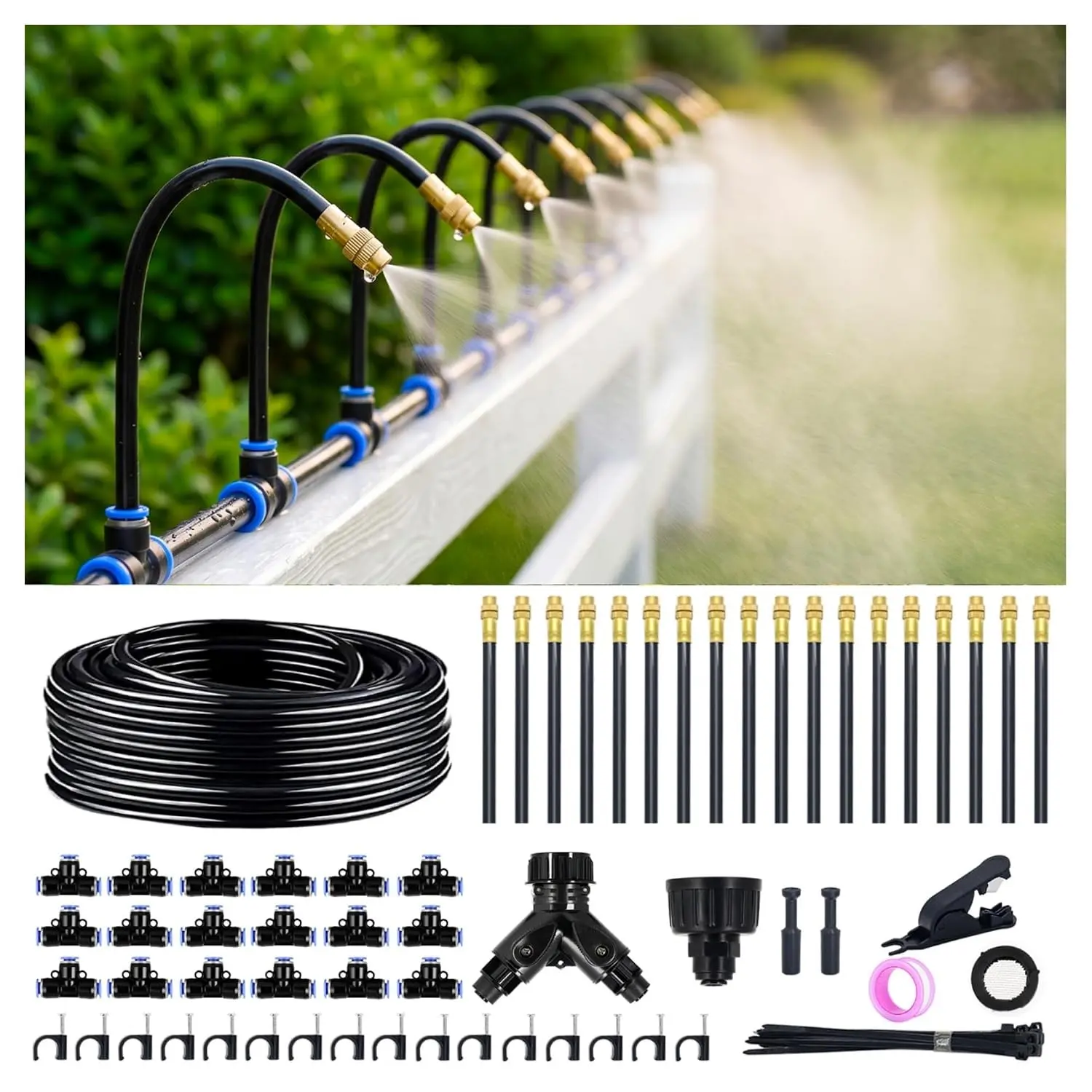 100FT 360° Adjustable Irrigation System for Garden | 1/4" Tubing, Automatic Watering Misting System with 18 Nozzles, Sprinkler for Garden, Raised Bed, Lawn, Plants