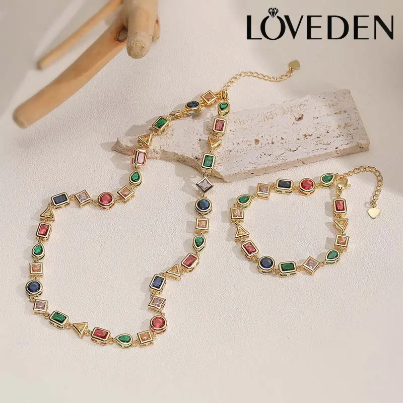 Loveden Bohemian Colorful Multi‑Shape CZ Jewelry Set, Copper Gold‑Plated Geometric Cut Gemstone Bracelet & Necklace, Adjustable Stackable Statement Accessories for Women, Daily Party Holiday Gift,TS0038