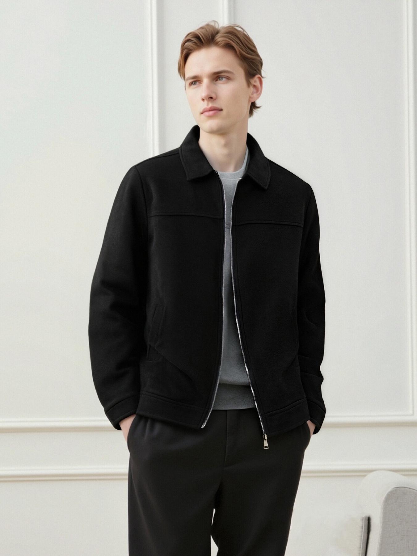 Men's Casual Jacket, Zipper Closure, Collar Design, Lightweight Business Style Faux Suede Coat, Durable Easy Care Fabric