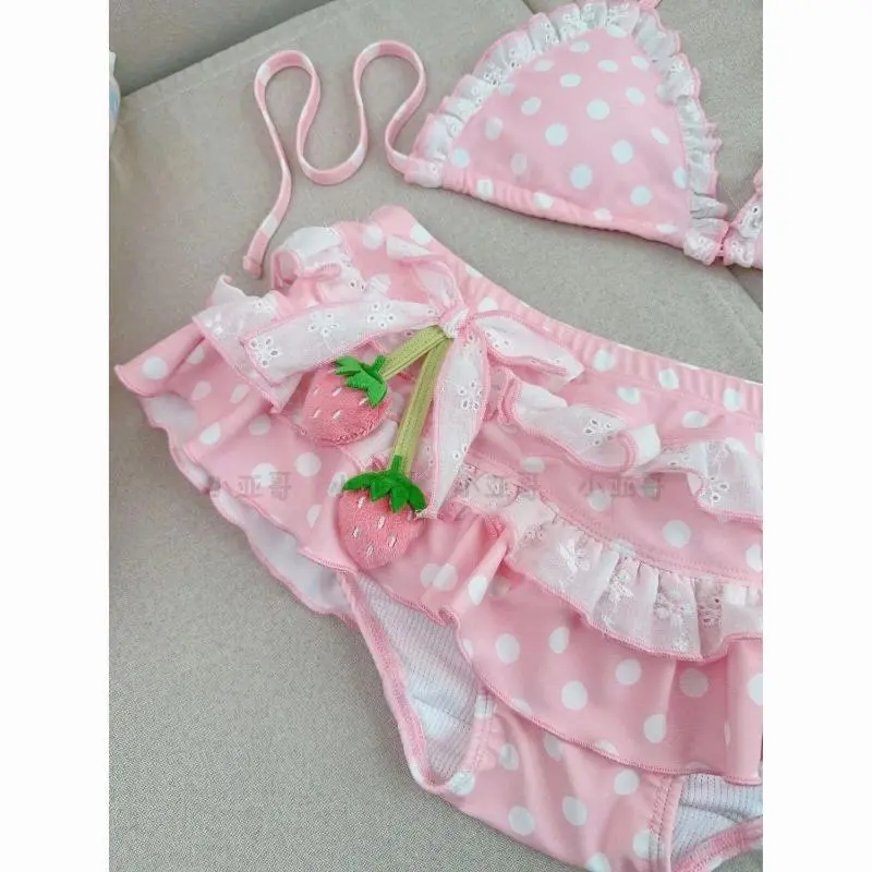 Y2k Kawaii Women Swimwear Bikini Set  Cherry Strawberry Print Dot Two-Piece Bikini Set Sweet Bodycon Beach Cute Summer