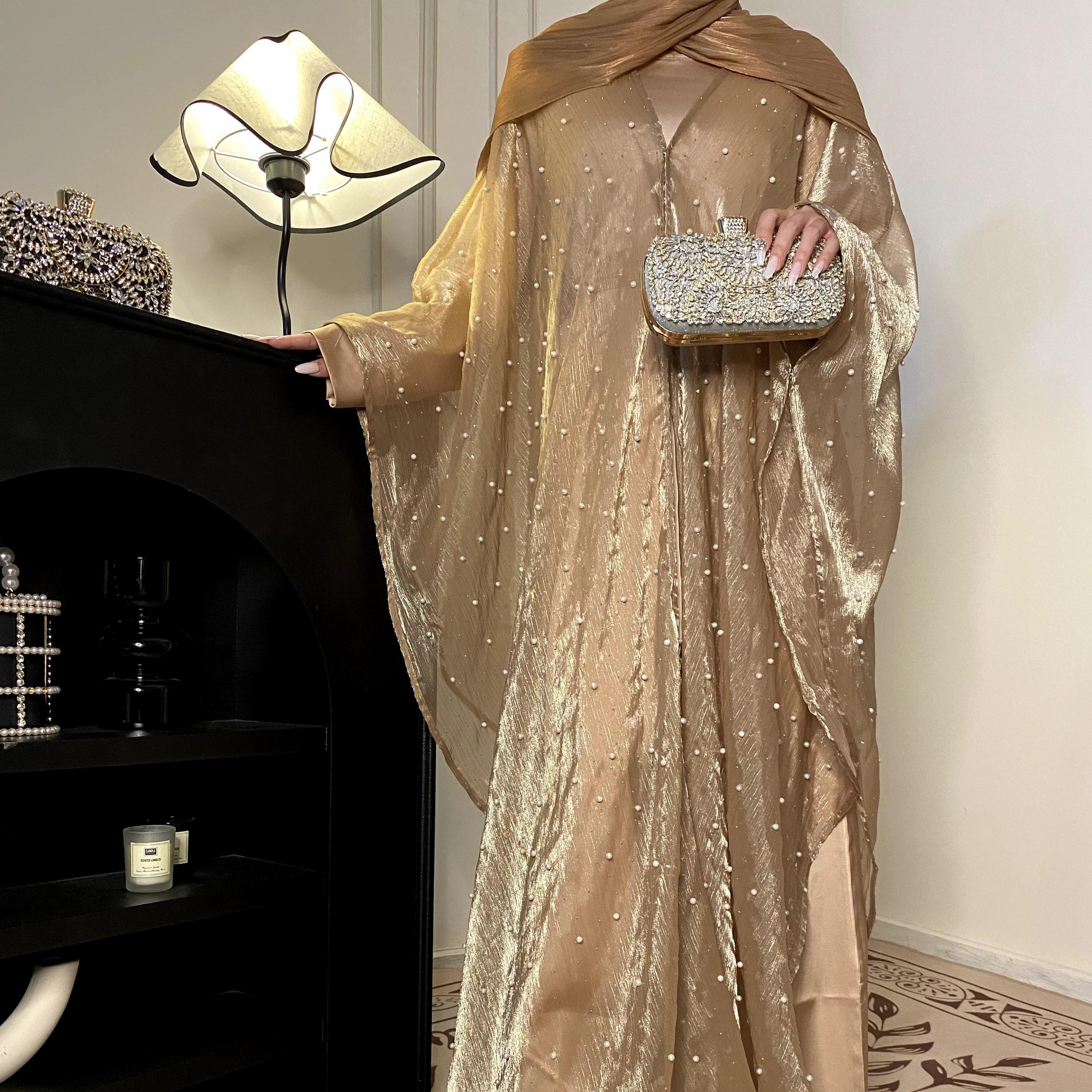 CL01 Starlight sparkling pearl abaya, two piece suit, abaya cardigan, bottoming dress Modest Beige Women Chiffon Chic【Fashionweek】 Modern