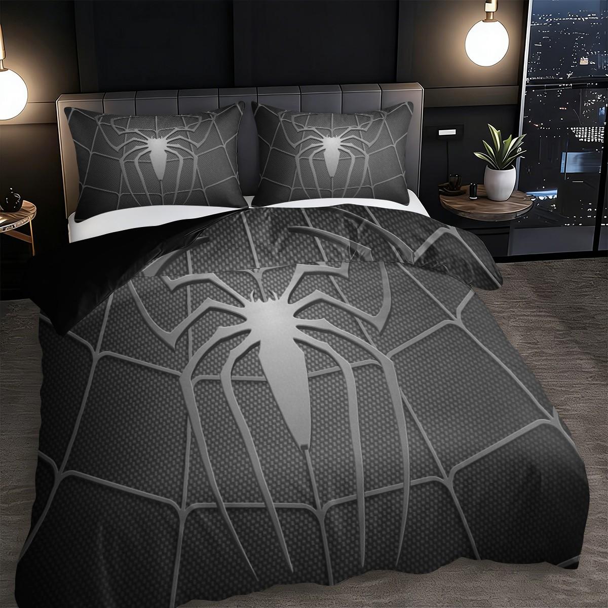 3pc Gray Spiderweb Bedding Set, Decorative bedding set, gray duvet cover set including 1 duvet cover and 2 pillowcases, suitable for single and double beds, available in multiple sizes, perfect for bedrooms, dormitories, guest rooms, and hotels