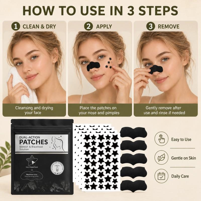 600+5Pcs Black and White Star Hydrocolloid Pimple Patches and Black Nose Strips, 2-in-1 Large Facial Blemish Cover Set for Halloween Parties, Music Festivals and Photo Styling, Acne Patches, Acne Patches For Face