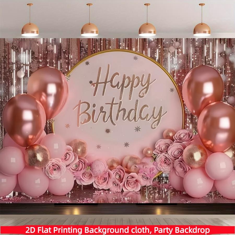 Pink birthday party backdrop banner with pink balloons and gift box elements. Made of polyester,suitable for living rooms, bedrooms, offices, birthdays, anniversaries, home décor, outdoor and indoor parties, photography backdrops, birthday party supplies