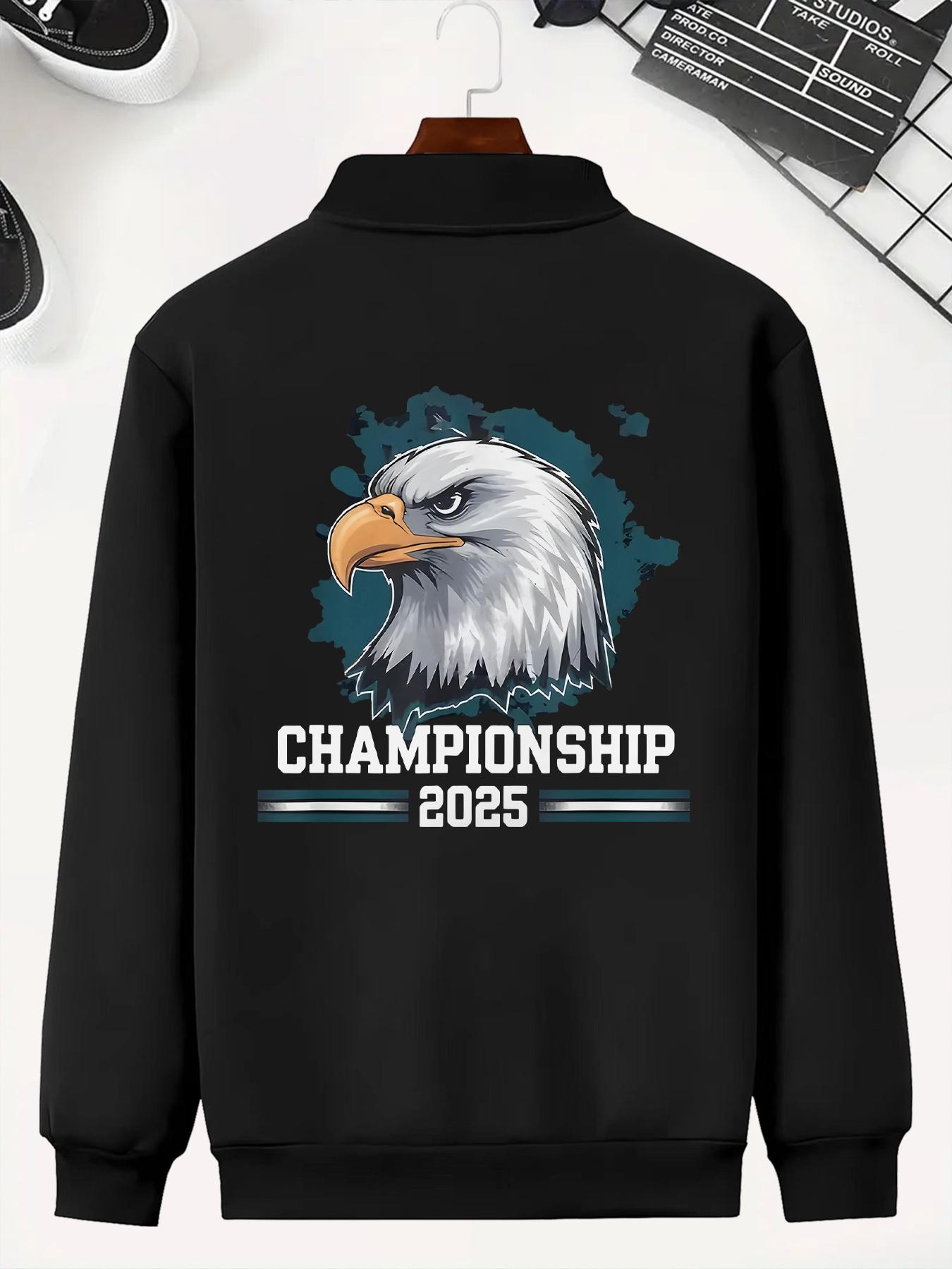 Men's Eagle Champion Pattern Fitted Pilot Jacket, Stand Collar Zipper Casual Outdoor Jacket with Pockets, Fall Winter Washable Sport Style