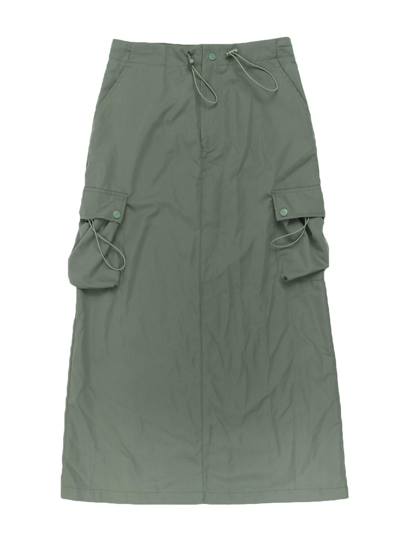 GILIPUR Army Green Drawstring Multi-Pocket Cargo Maxi Skirt — American Retro "It-Girl" Style, High-Waisted A-Line Casual Skirt — Women's Everyday Wear (TChic)