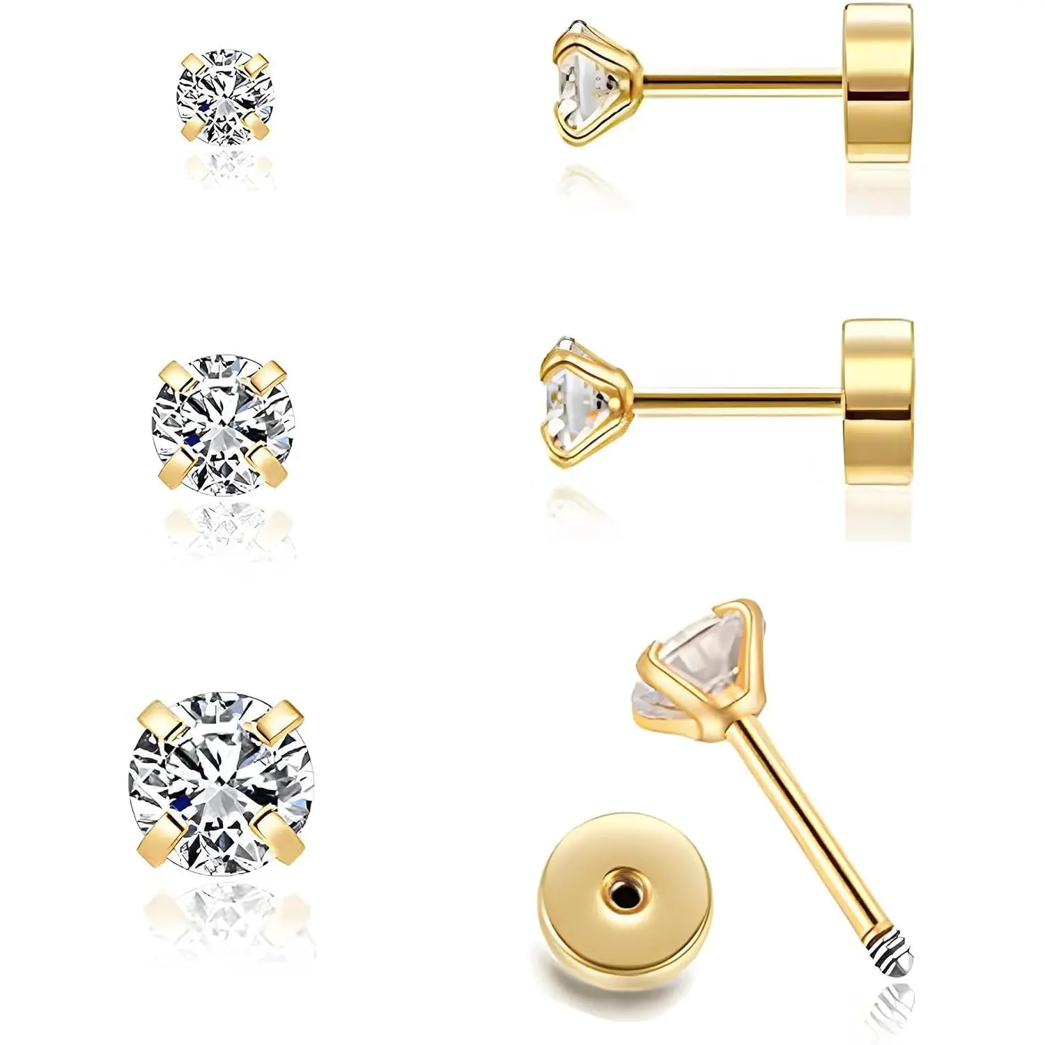 Handmade Tiny Flat Back Stud Earrings: 3 Pairs 14K Gold Plated Screw Flatback 2 3 4mm Cubic Zirconia Earrings Cartilage Piercing Jewelry for Women Helix Tragus Earlobe