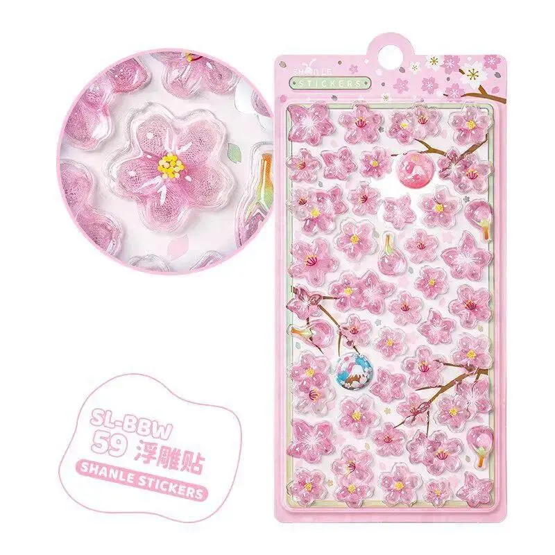 3D Embossed Cherry Blossom Stickers,Cute Cartoon Puffy Decals for Phone Case Crystal Resin DIY Craft for Journaling Scrapbooking