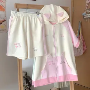 Subculture All Match Cute Cat Ears Cartoon Short Sleeve Zip Up Hoodie + Casual Elastic Waist Shorts Sweet 2 Pcs Sets Y2k Suits