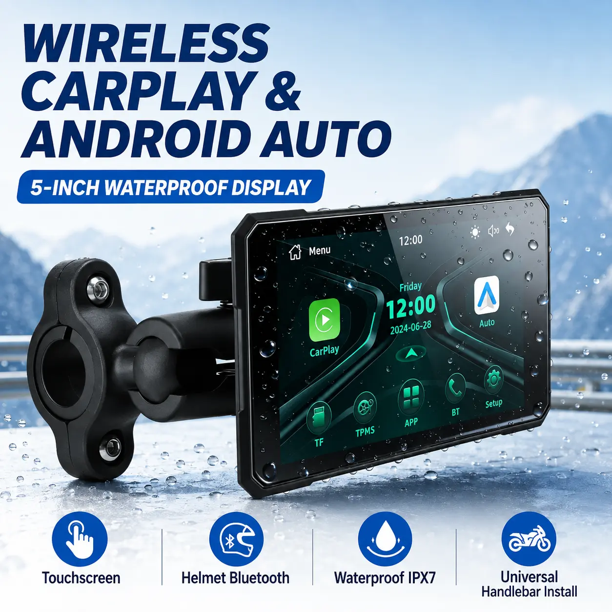 Motorcycle Navigation Display with Wireless CarPlay, Android Auto, 5-Inch Waterproof Touchscreen, Handlebar Mount and Bluetooth Helmet Connectivity for Daily Riding
