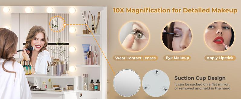 Sikaic Glass Top Vanity Desk with Charging Station & 10x Magnifying Mirror Makeup Vanity 8 Drawers Acrylic Dividers Large Adjustable White Table