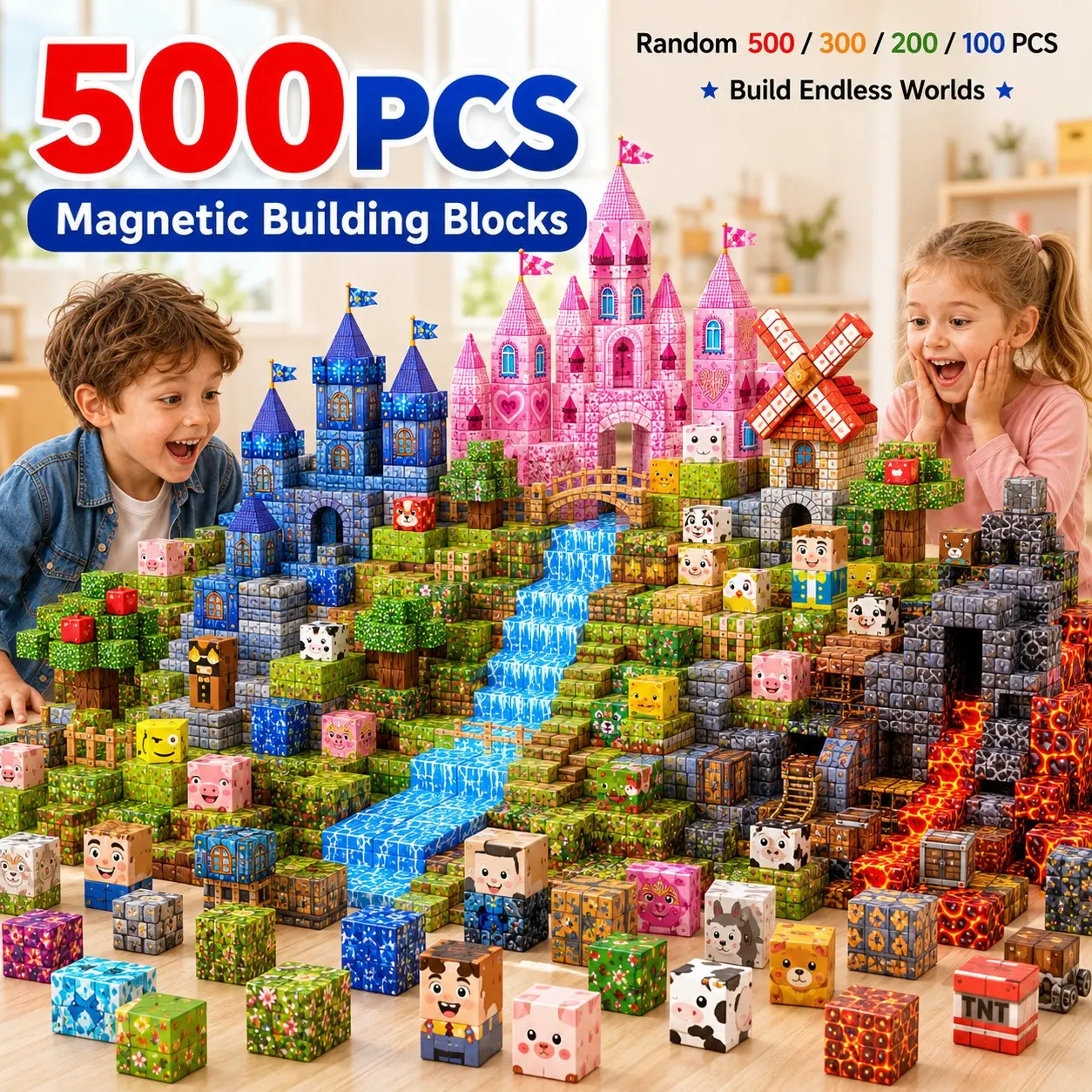 Random 100/200/300/500PCS Magnetic Cubes for Kids, Magnetic Building Blocks Set, STEM Sensory Educational Construction Toy, Creative Stacking & Open-Ended Play, Building Set for Boys & Girls Ages 3+, Birthday Christmas Gift, DIY Building Set