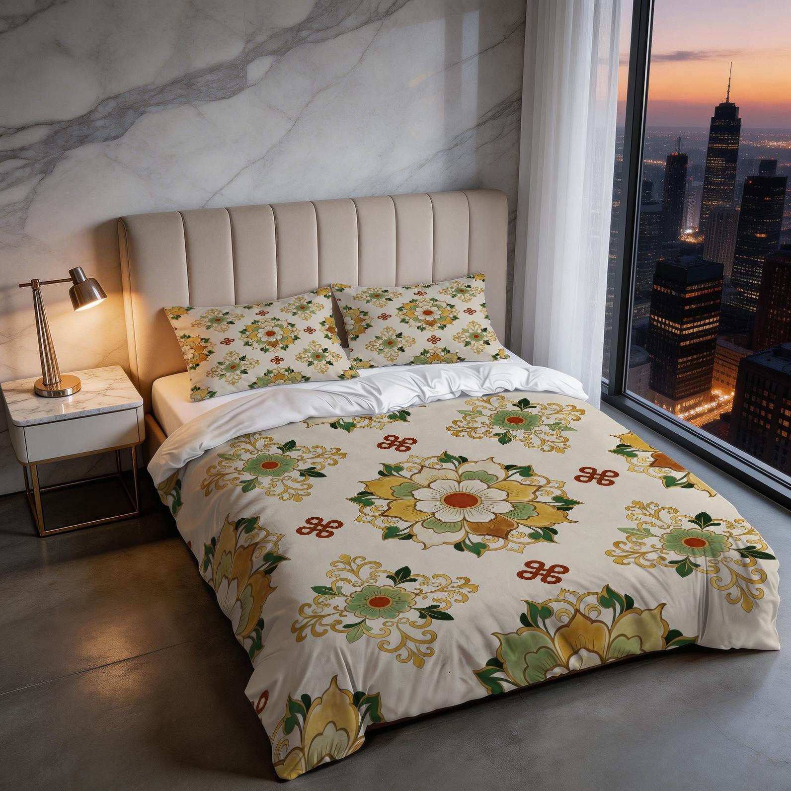 2/3 Piece Vintage Floral Mandala Duvet Cover Set, HD Digital Printed Comforter Cover, Soft Breathable All-Season Bedding Set with Zipper & Corner Ties, No Inserts for Bedroom Decor