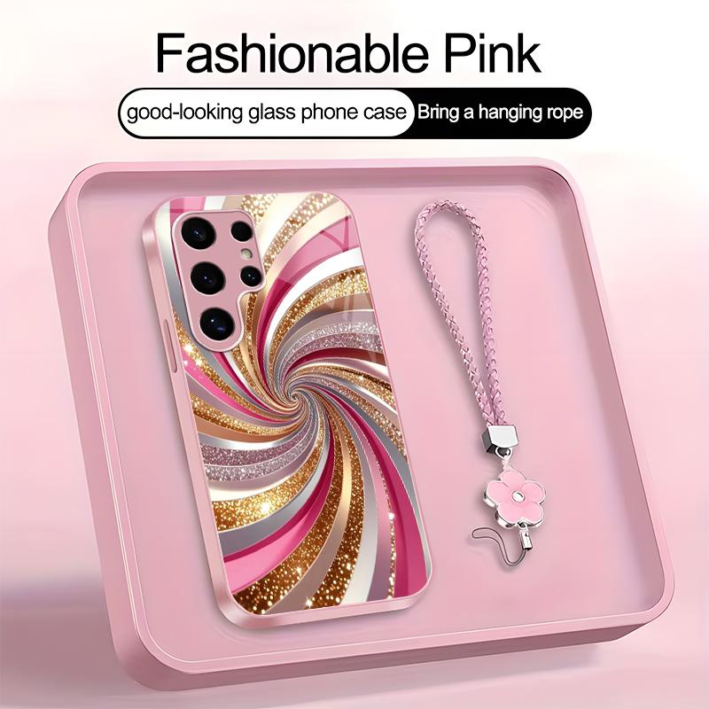 Luxury Rose Gold Swirl Phone Case with Flower Lanyard, Glitter Pink Art Aesthetic Cover for Galaxy S24 Ultra ---975