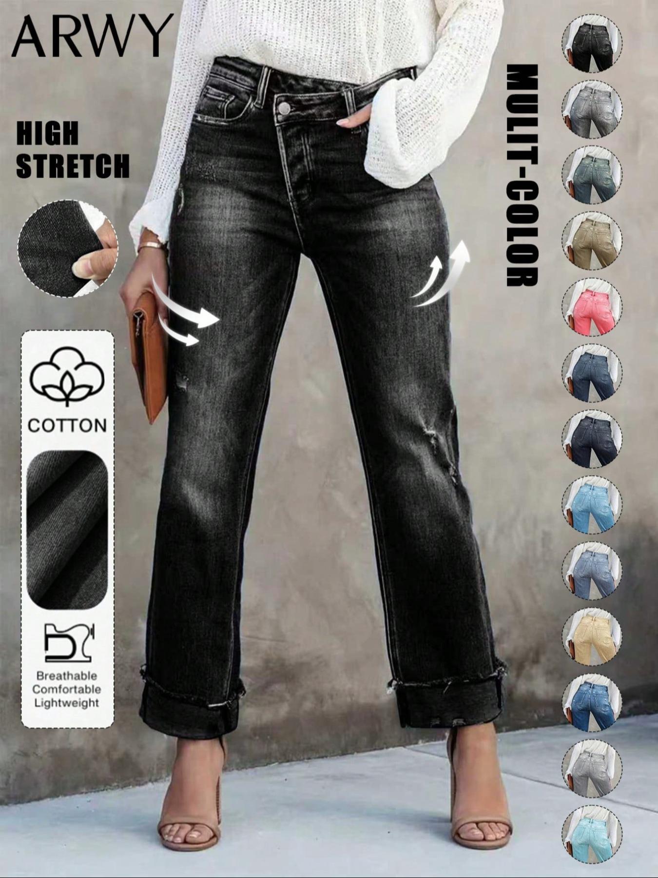 Women's Solid Color Jeans, Casual Comfy Denim Pants for Daily Wear, Ladies Bottoms for All Seasons