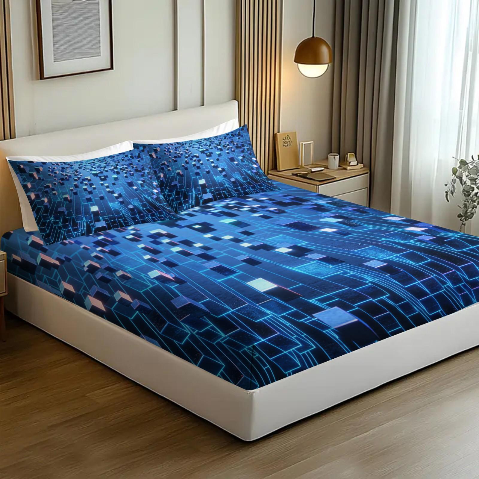 Deep Sea Neon Cube 3D Visual Fitted Sheet Set & 2 Pillowcases No Core, Blue Metallic or Glass Reflective Textures Square Matrix Blocks Design, Soft Wrinkle-Resistant, Futuristic Bedroom Decor, Gift Choice