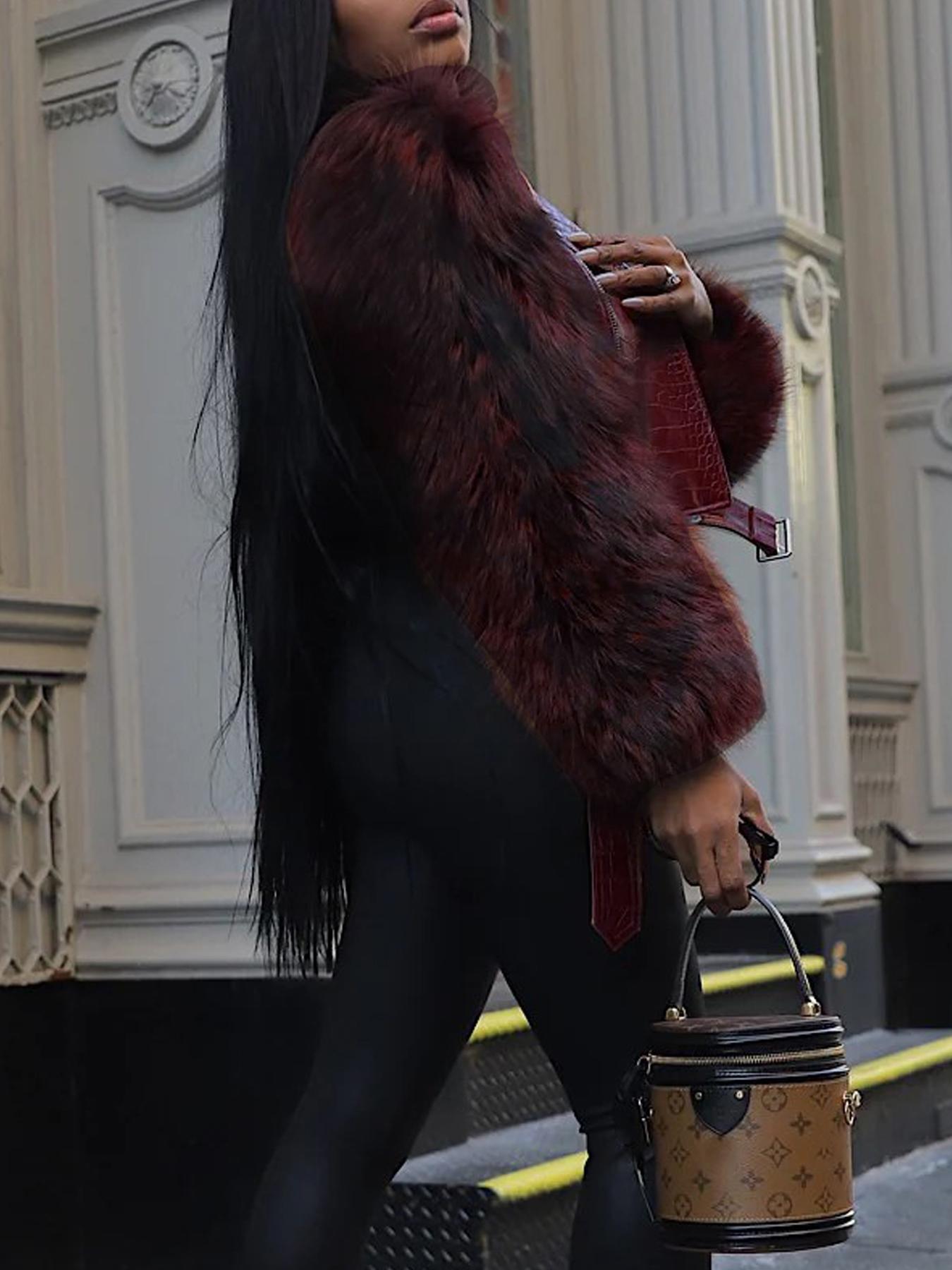 Women's Patchwork Faux Fur Fitted Jacket, Crocodile Texture Zipper Design, Casual Biker Style, All Seasons Wear, Stylish & Luxurious Look