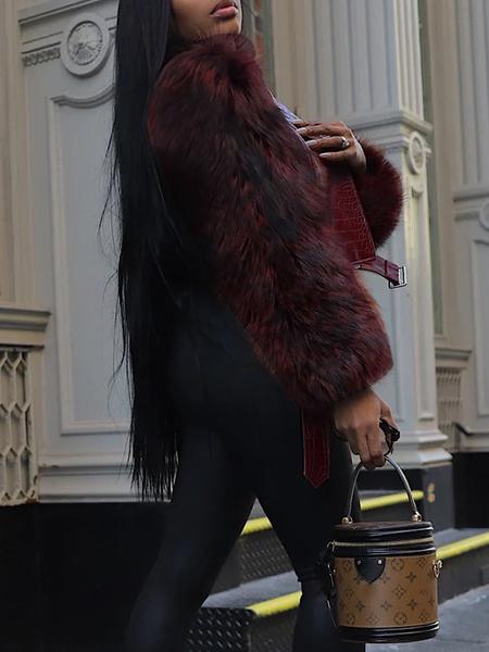 Women's Patchwork Faux Fur Jacket, Crocodile Texture Zipper Design, Casual Biker Style, All Seasons Wear, Stylish & Luxurious Look