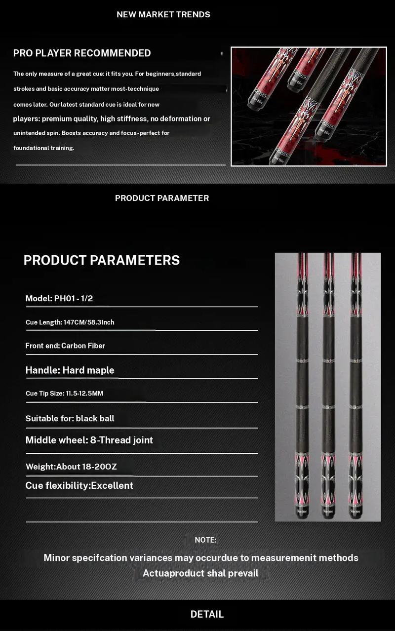 JIAN YING New carbon fiber 1/2 billiard cue Strong stability High performance Pool cue. It features a 58 inch, 11.5/12.5 millimeter cue tip. Comes with cue case + leather tip + gloves + towel + chalk+extended handle