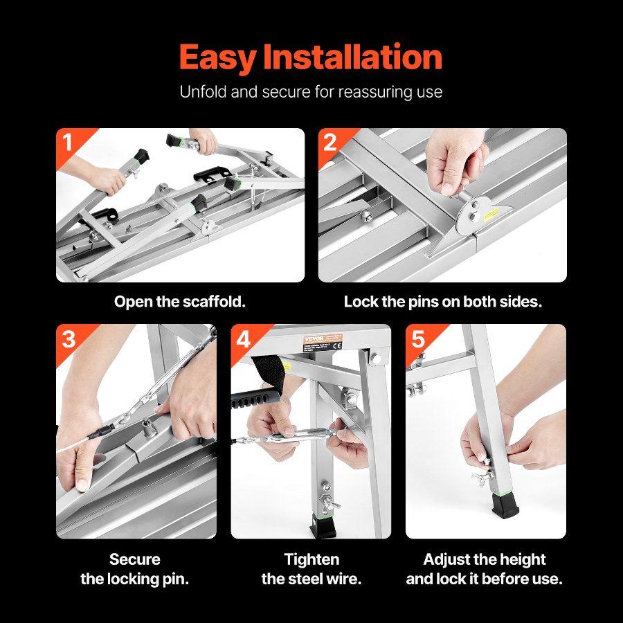 fathersdaygift VEVOR Work Platform, 3 Gear Adjustable Height, Folding Alloy Steel Step Ladder, Portable Scaffolding Platform, 400 lb Load Capacity, Non-Slip Rubber Feet, Drywall Painting Stool, for Cleaning Washing