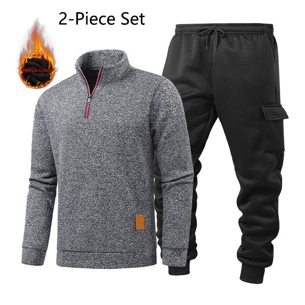 Men’s fleece-lined two-piece set | 1/4 zip sweatshirt and cargo joggers, a comfortable casual outfit for winter and everyday wear.