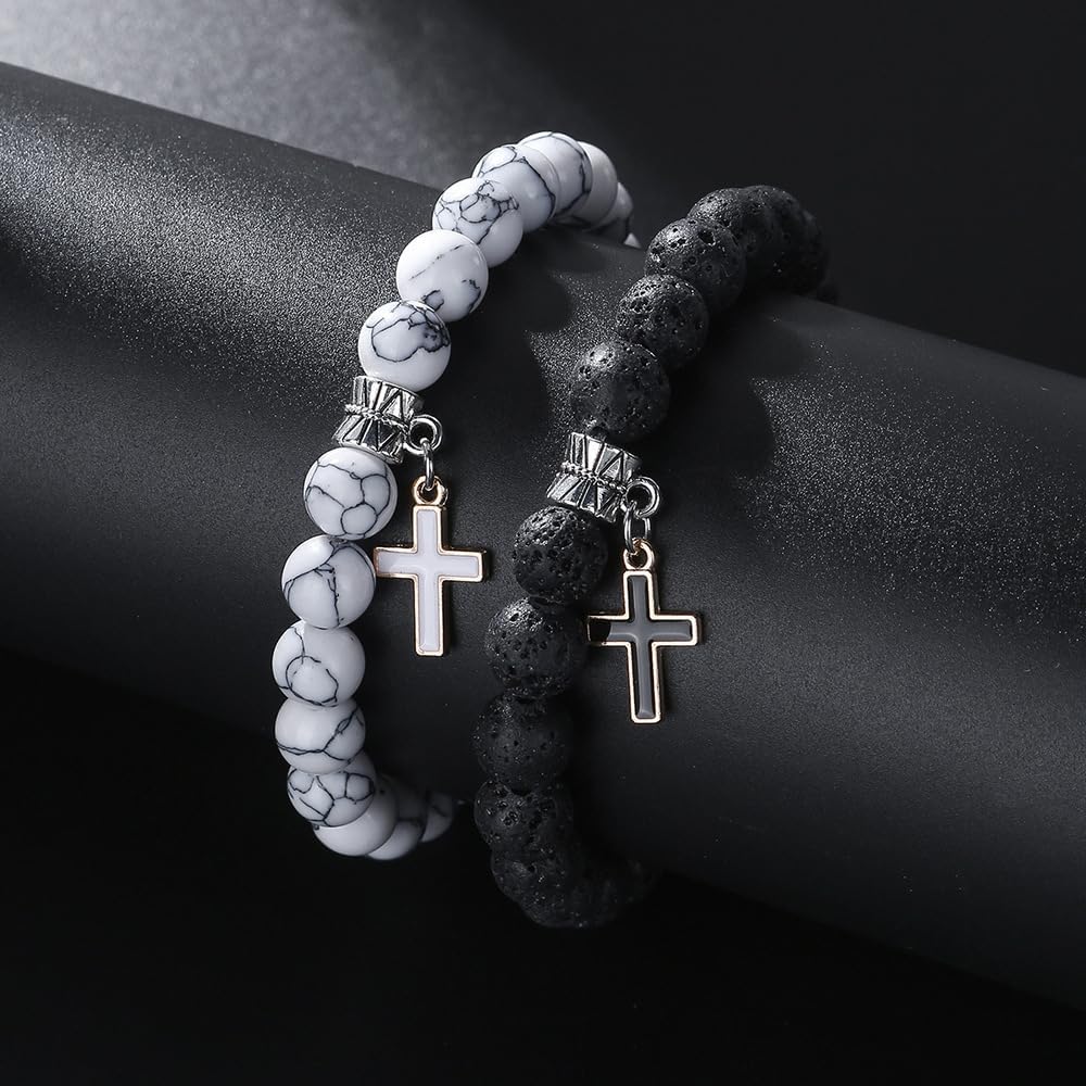2 count Set Matte Lava Rock Beaded Couple Bracelet Black White 8mm Howlite Volcanic Stone Matching Beads Elastic  Pendant Stretch Bracelets Religion Charm BFF  for Women Men