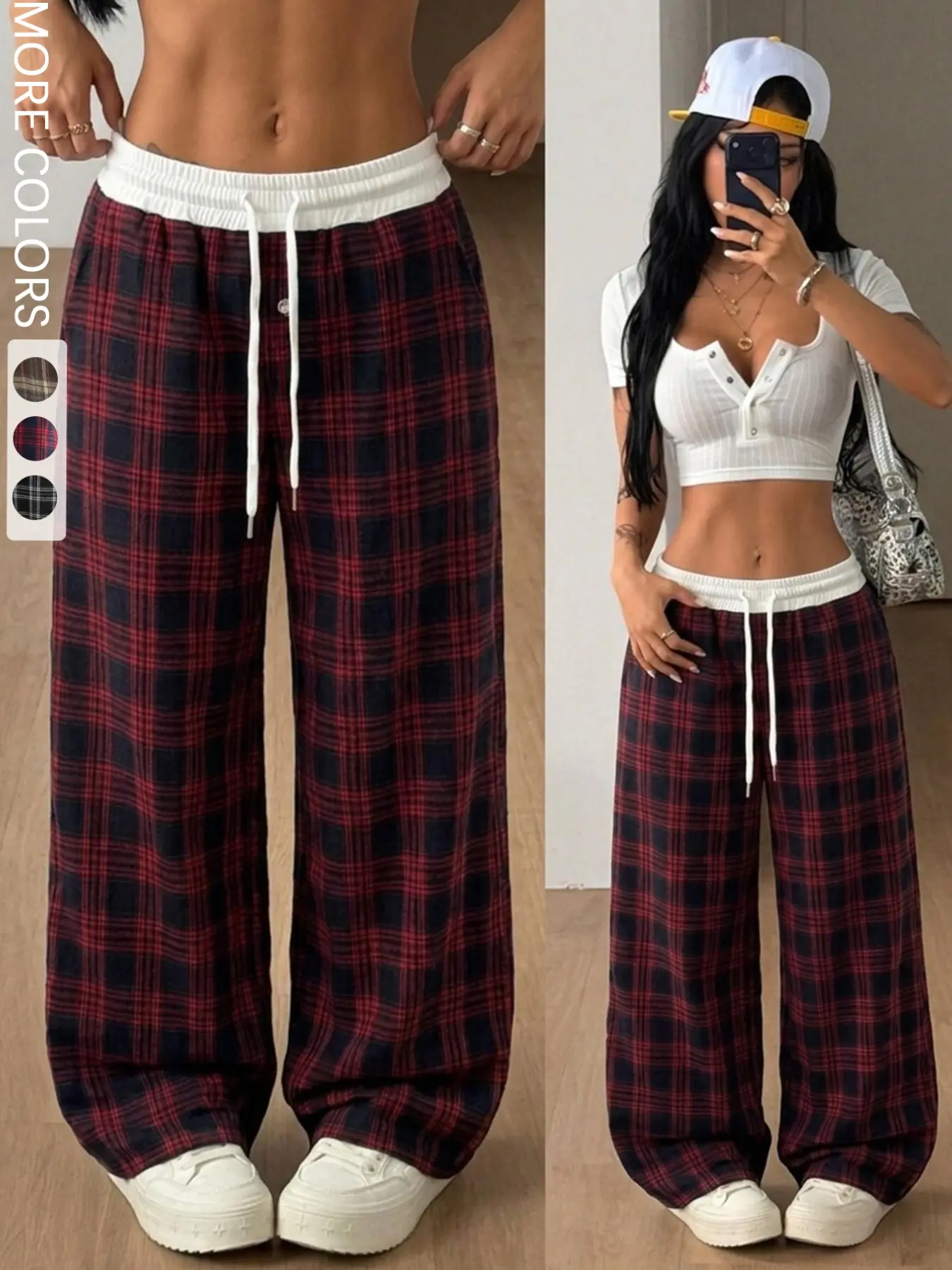 Women's Plaid Wide Leg Trousers, Y2K High Waist Drawstring Loose Check Pants For Daily Street Outfits