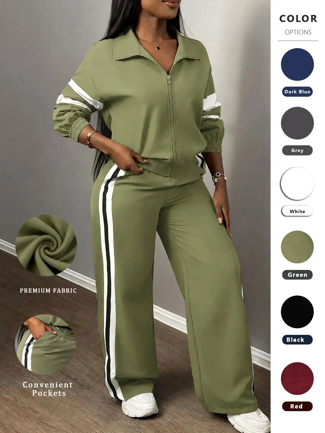 Women's Two-Piece Sporty Casual Set, Comfortable Fabric, Zipper Jacket & Striped Wide Leg Pants, Practical Pockets, Spring Fall Fashion, Stylish Casual Tracksuit
