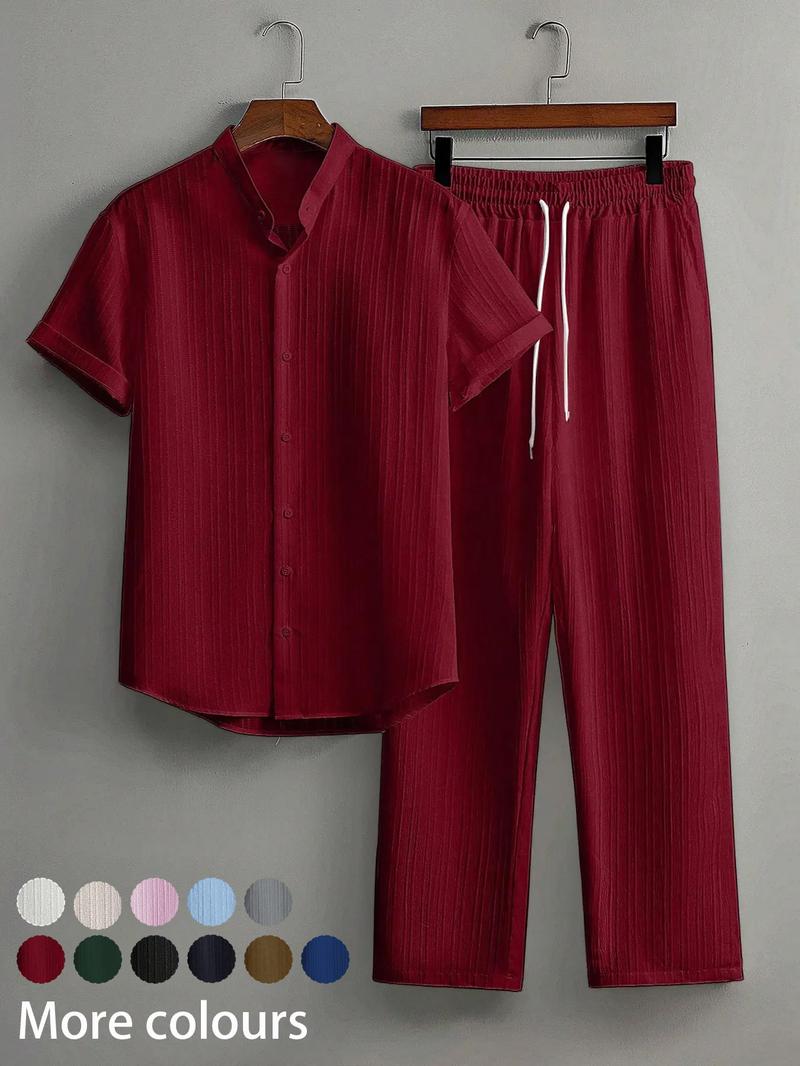 Two-Piece Set Men's Linen Set, Casual Short Sleeve Button Up Shirt & Pants Set for Summer, Men's Clothes for Beach Vacation