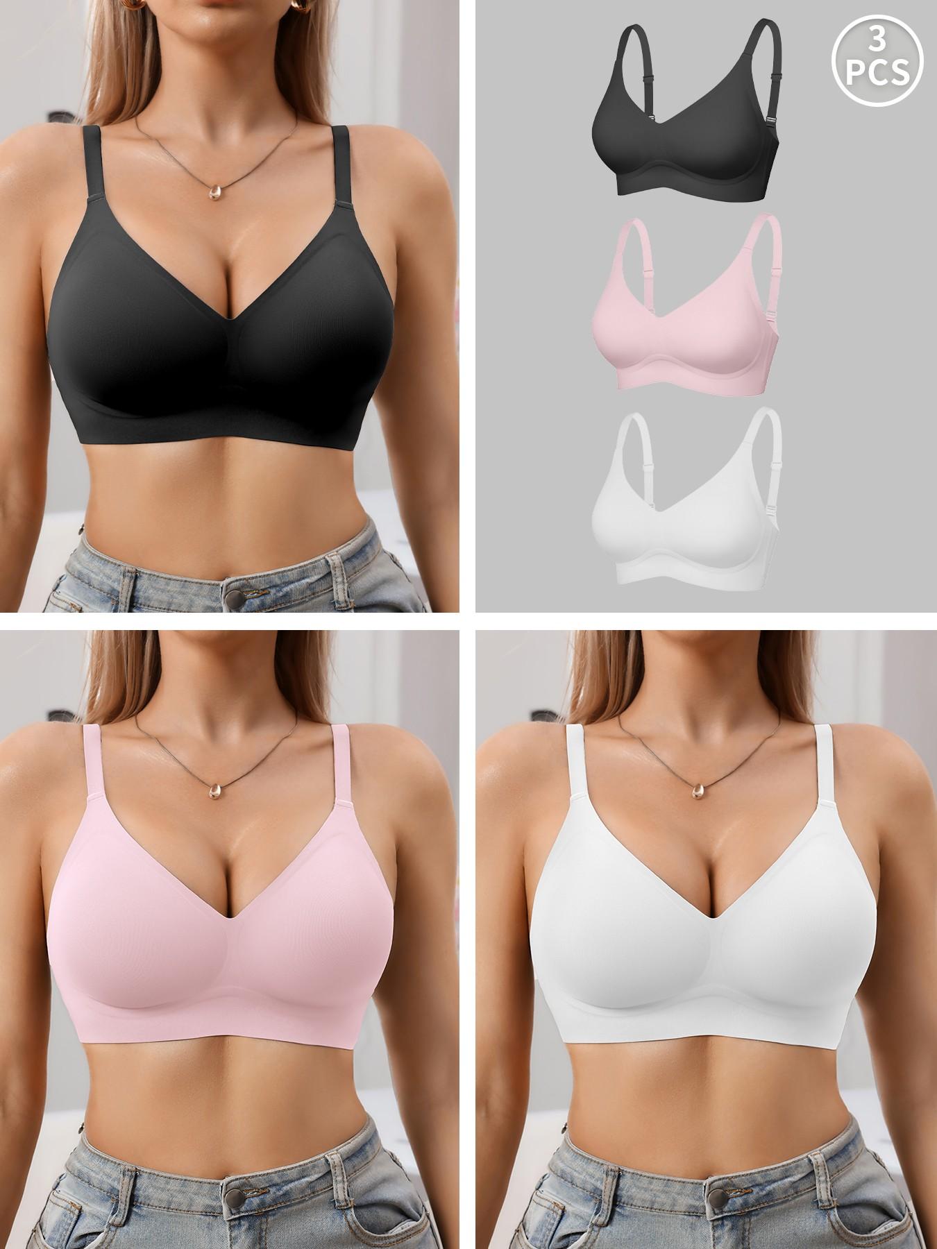 Jelly Bra Sexy V-Neck Gathered Wireless No Underwire Half Fixed Cup Pad Soft Comfort Women Daily Bra, Adjustable Strap, Medium Support, All Seasons