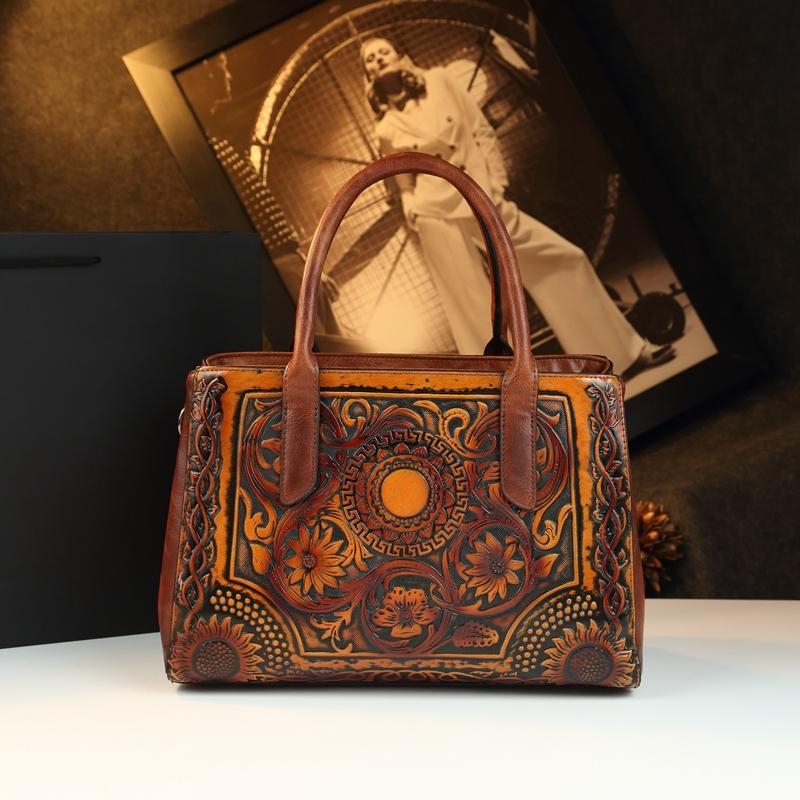Vintage Tannery Craft Embossed Handbag, Traditional Floral Pressed Large Capacity Commuter Bag, Mom Style Shoulder Crossbody Bag