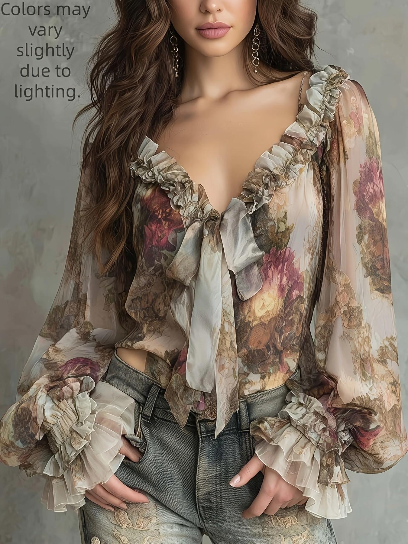 Women's Bohemian Vintage Floral Print V-Neck Bell Sleeve Long Sleeve Chiffon Blouse, Elegant Chic Summer Top, Lightweight & Flowy Design Shirt, Boho Style Shirt for Casual Wear, Boho Sleeve Top