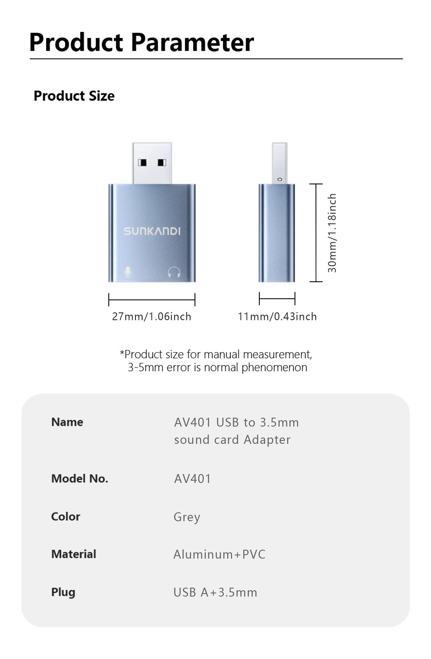 SUNKANDI USB to Audio Jack Sound Card Adapter with 3.5mm Headphone and Microphone USB to Aux 3.5mm External Audio Converter for Windows Mac Linux PC Laptops Desktops PS5 Switch 2