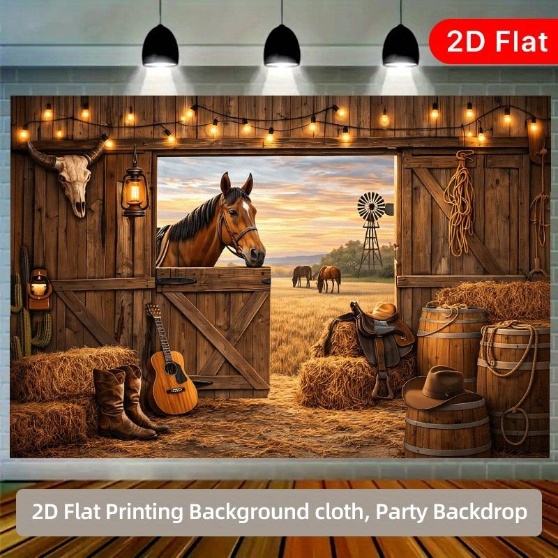 2D 1pc Western cowboy barn wall backdrop fabric, Decor, retro ranch, wooden barn door, sunset grassland, horse, cowboy boots, guitar and string light elements, suitable for western theme parties, multiple sizes available