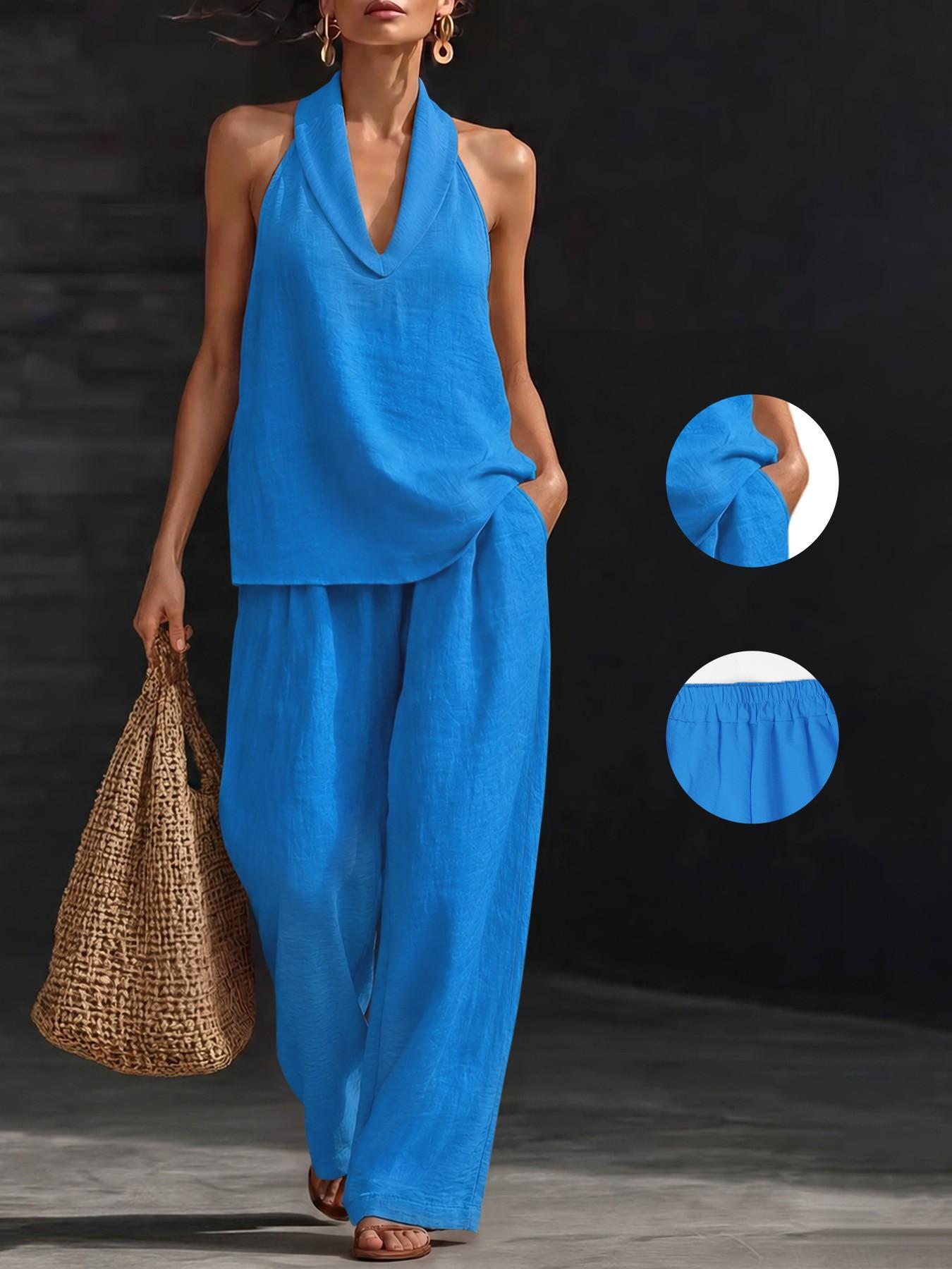 American Retro Co-Ord Set, Deep V Neck Top & High Waist Loose Pants, Lightweight Fabric, Casual Chic Holiday Wear, Streetwear