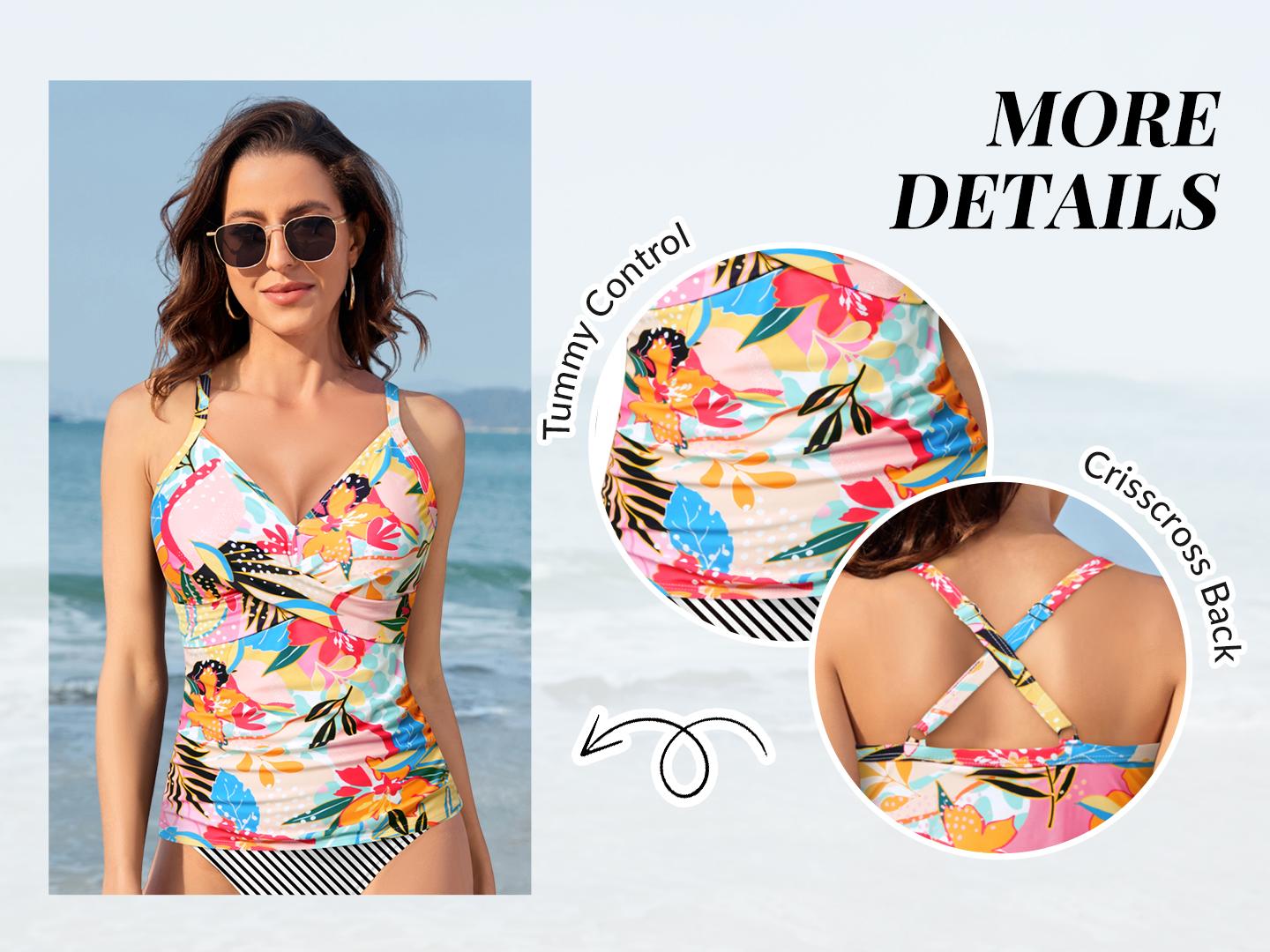 Tempt Me Women Tankini Bathing Suit Top - Twist Front V Neck Swim Top Ruched Tummy Control Top Only No Bottom