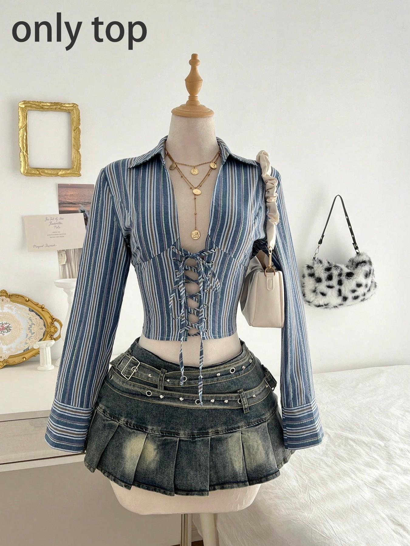 1 Piece  Retro Striped Waist-Cinched Shirt Set | Euro-Hong Kong Style | Deep V Drawstring + Slim-Fit Silhouette | Elegant Pick for Daily Commute / Coffee Dates （only top）