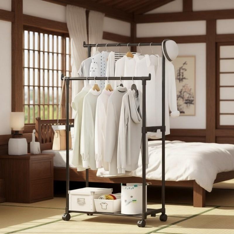 1 double pole simple multifunctional household floor Laundry drying rack, clothes drying pole assembly, clothes drying storage rack, clothes hanging rack storage rack with storage layer rack, drying and storage 2-in-1 Shelf Single Layer Rack