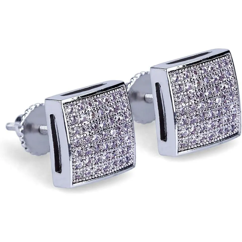 925 Sterling Silver Square Screw Back Stud Earrings for Men Women - 14K Gold Plated, 5A+ Cubic Zirconia, Iced Out Hypoallergenic Cube Large EarringsGift