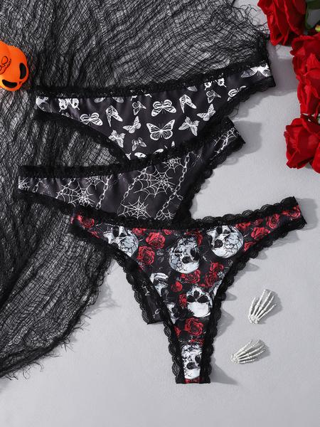 Women's Sexy Lace Trim Butterfly Print Thong Set, Fitted Design for All Seasons, Perfect Halloween Costume Underwear
