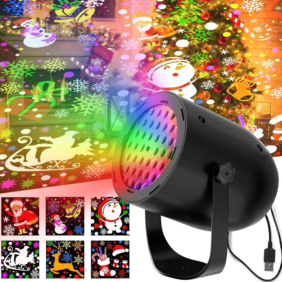 Christmas LED Projector Light USB- Rotating Snowflake & Holiday Patterns for Outdoor Decor | Power Supply Operated Stage Lighting for Parties & Events