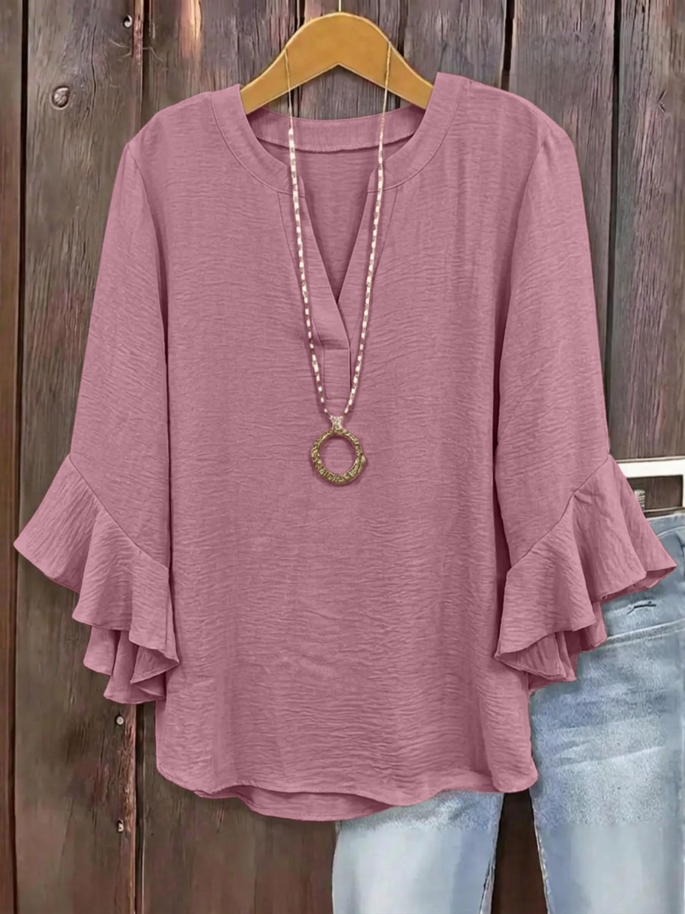 Plus Size V-Neck Ruffled Sleeve Textured Blouse, Loose Fit Y2K Summer Top, Trendy Elegant Flounce Detail, Comfortable Casual Everyday & Party Wear, Blouses Shirts Tops