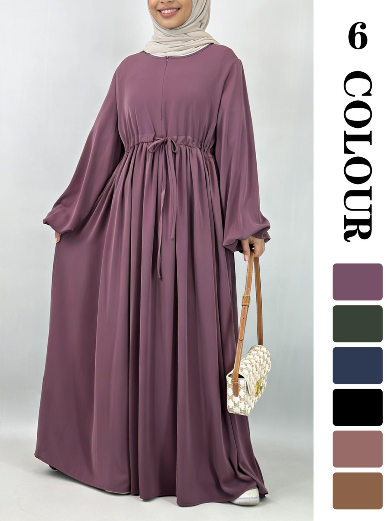 Women's Solid Color Belted Arabian Dress, Elegant Long Sleeve Round Neck Dress for Daily Wear, Ladies Islamic Clothing for All Seasons, Modest Abaya Dress